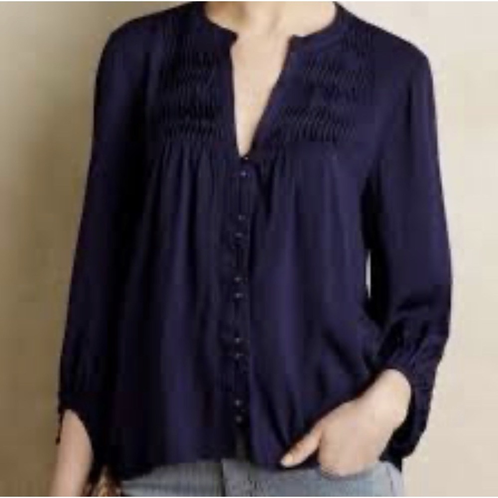 Anthropologie Maeve Blouse Women's Size 6 Navy Pleated 3/4 sleeve button front